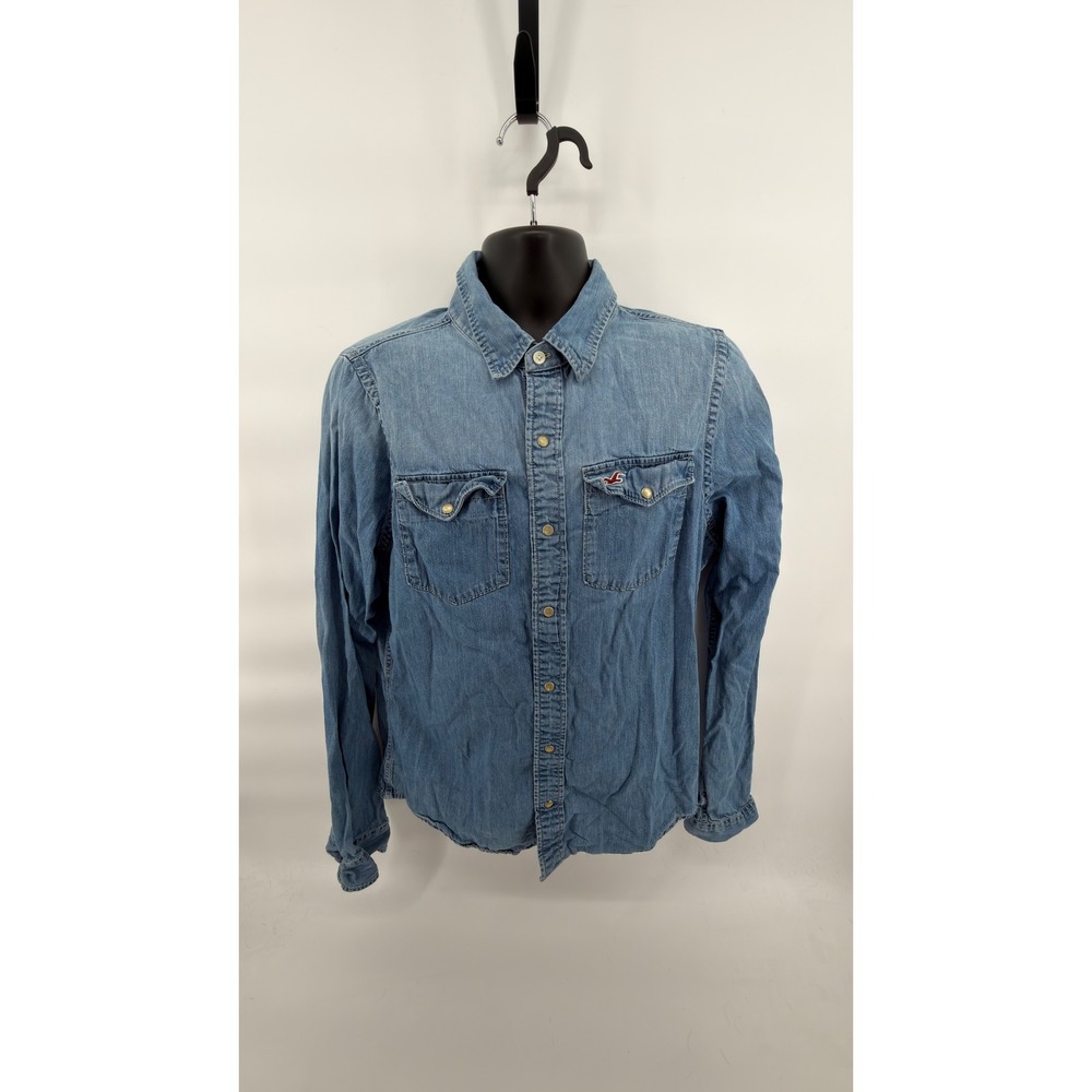 Hollister Shirt Mens XL Blue Denim Western Pearl Snap Flap Pocket Long Sleeve